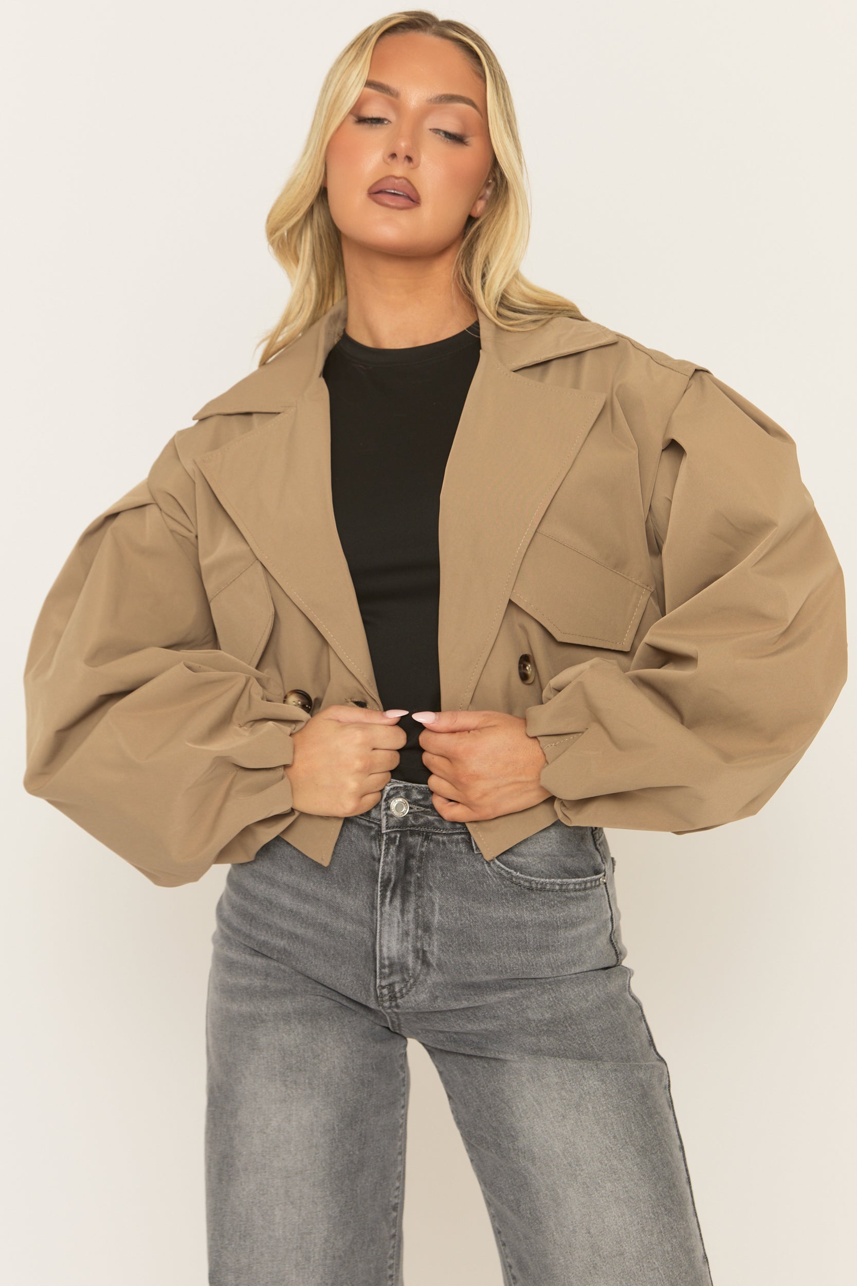Camel Double Breasted Cropped Trench Coat - Kienna