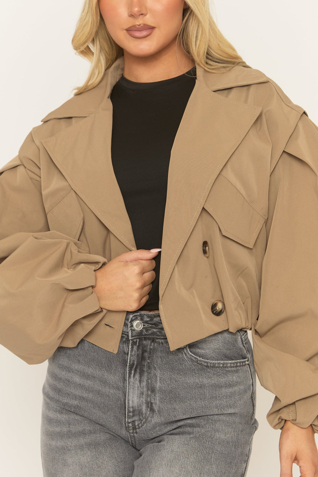 Camel Double Breasted Cropped Trench Coat - Kienna