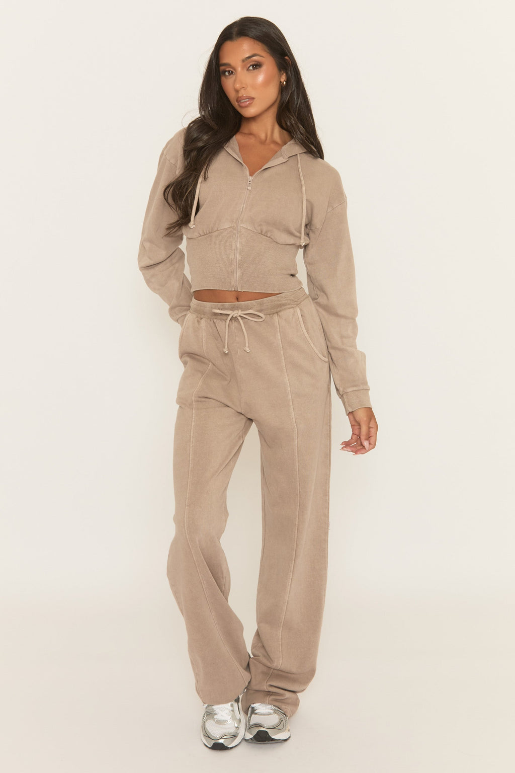 Dove Grey Acid Wash Zip Through Corset Hoodie Loungewear Set - Moara