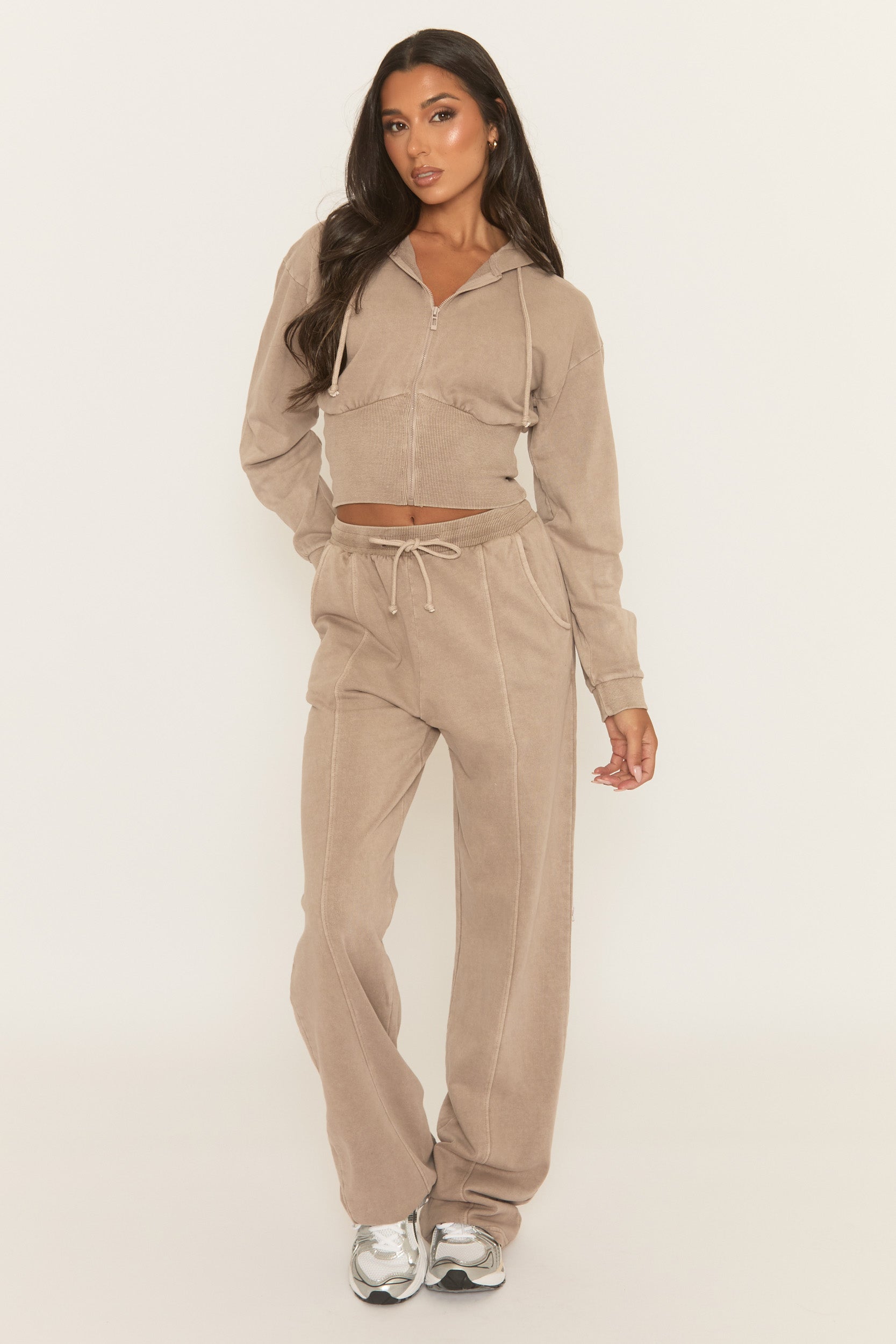 Dove Grey Acid Wash Zip Through Corset Hoodie Loungewear Set - Moara