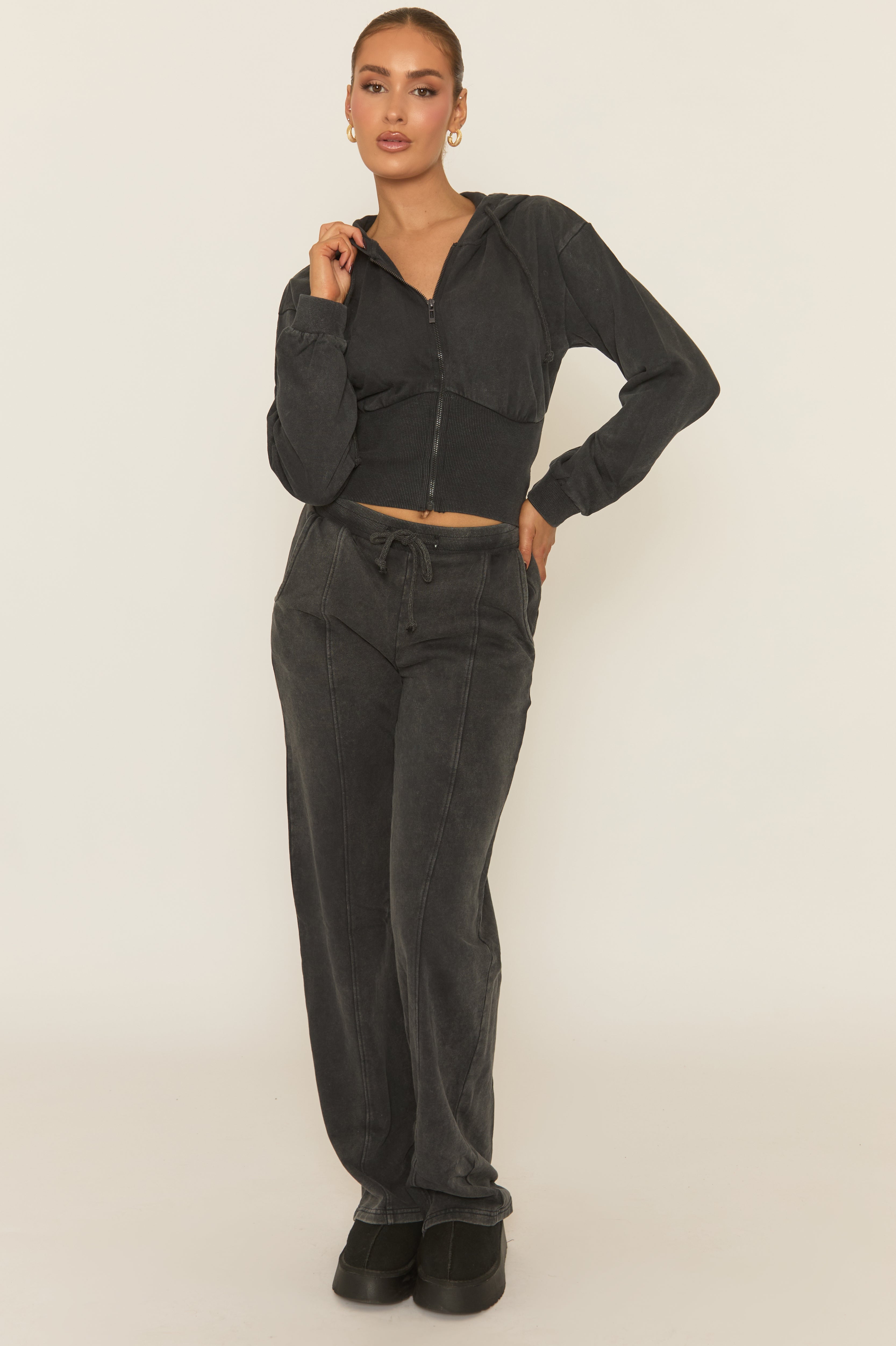 Charcoal Acid Wash Zip Through Corset Hoodie Loungewear Set - Moara