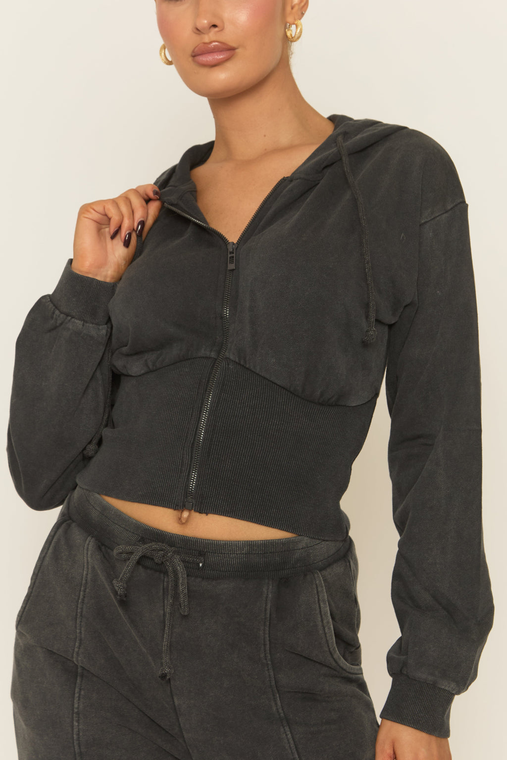 Charcoal Acid Wash Zip Through Corset Hoodie Loungewear Set - Moara