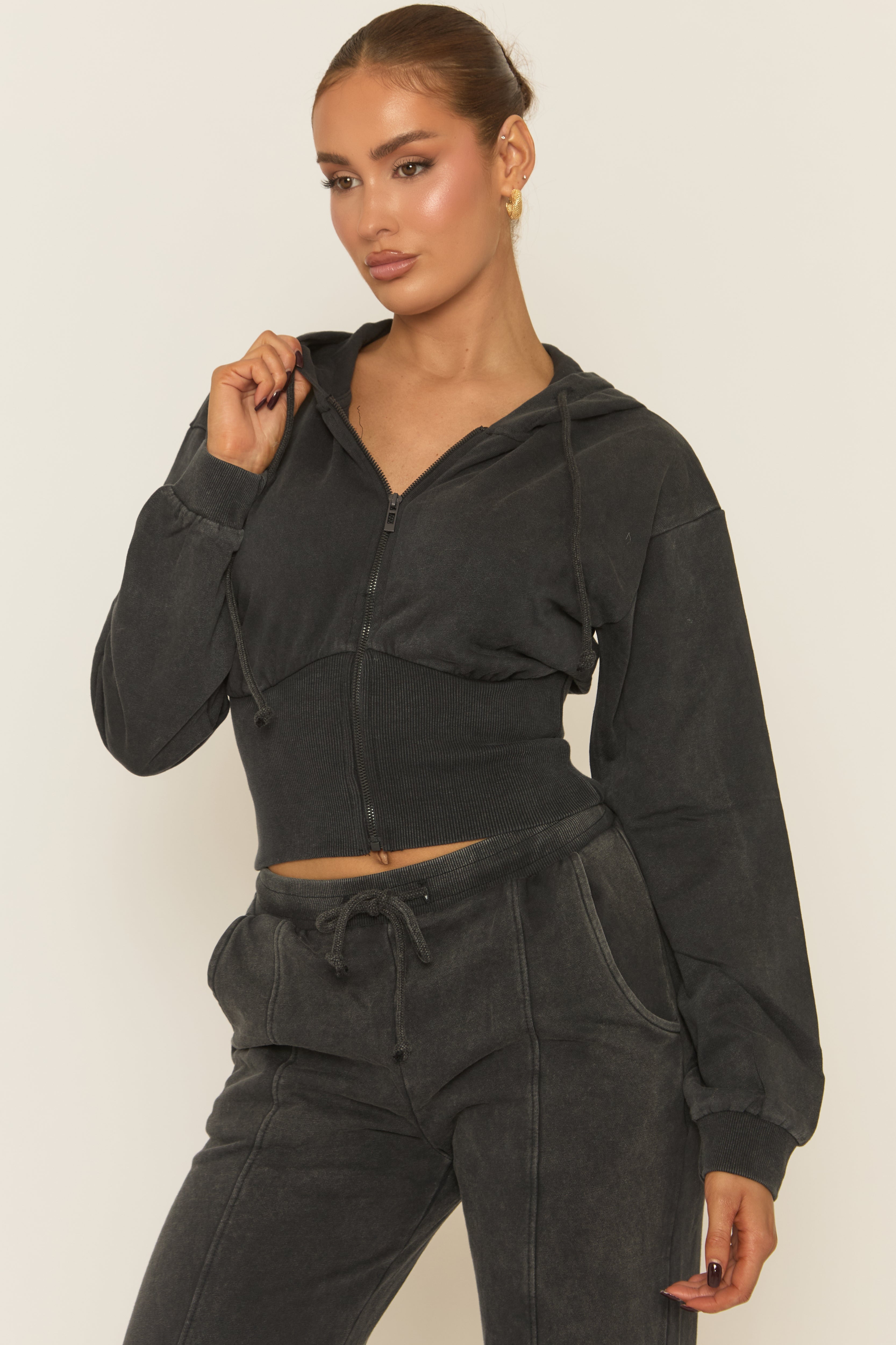 Charcoal Acid Wash Zip Through Corset Hoodie Loungewear Set - Moara