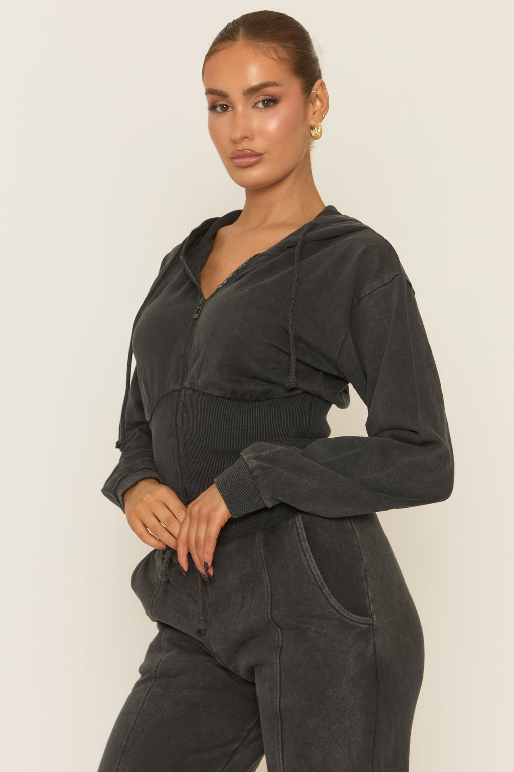 Charcoal Acid Wash Zip Through Corset Hoodie Loungewear Set - Moara