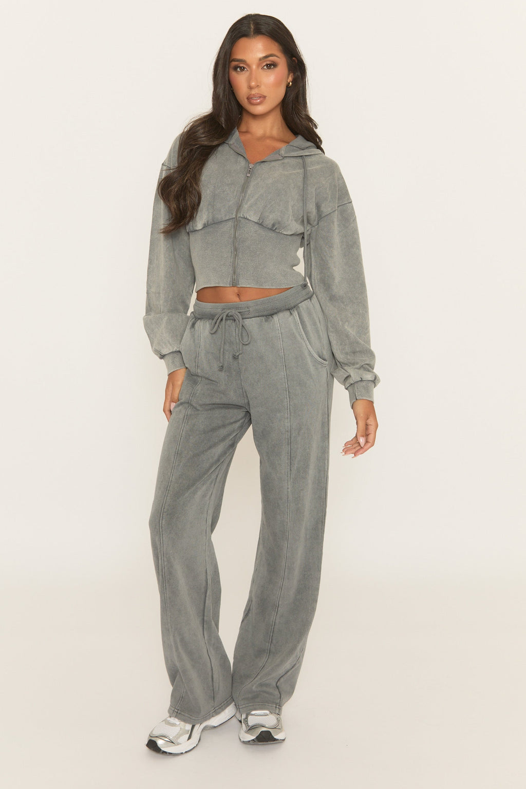 Grey Acid Wash Zip Through Corset Hoodie Loungewear Set - Moara