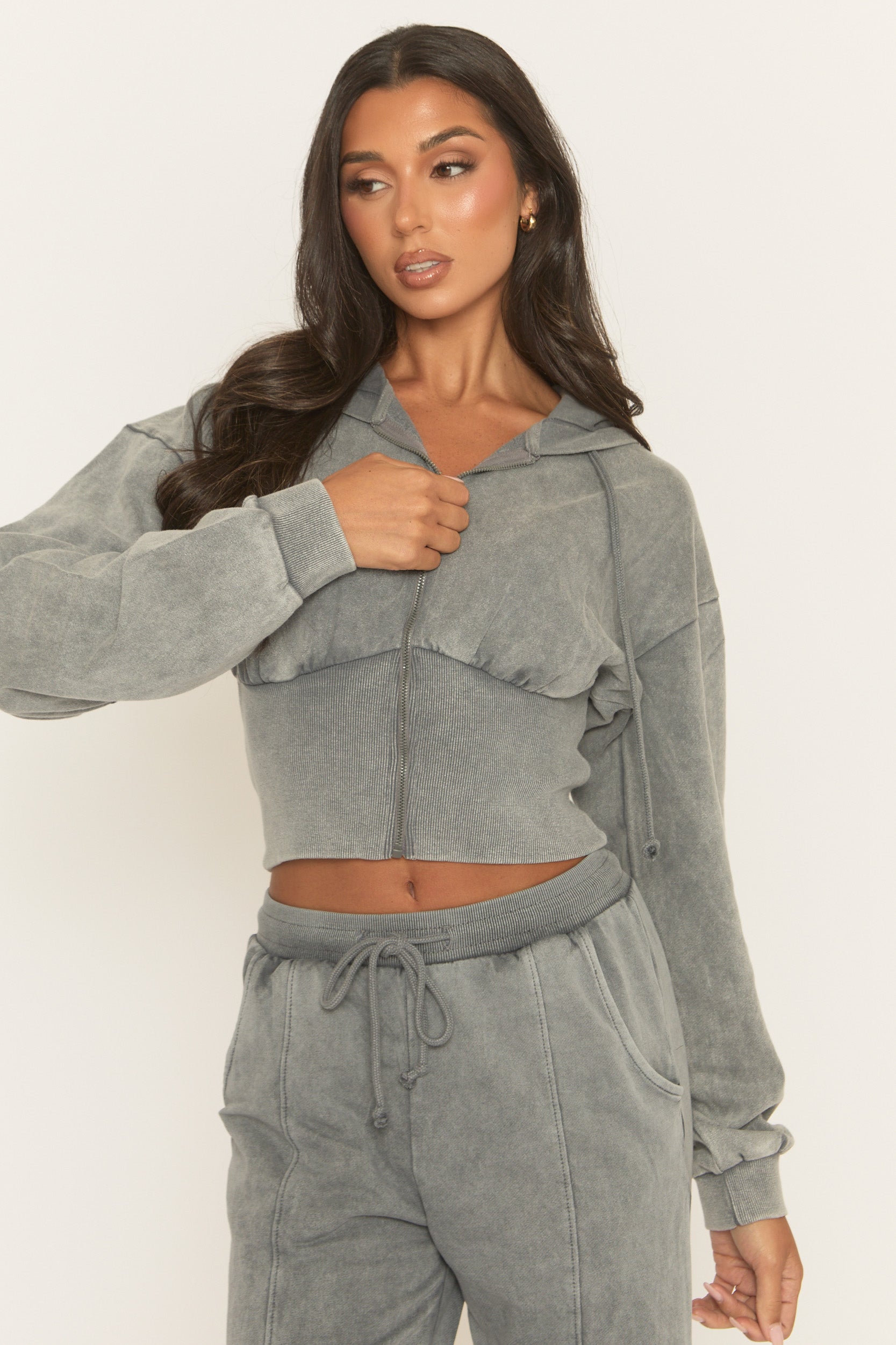 Grey Acid Wash Zip Through Corset Hoodie Loungewear Set - Moara