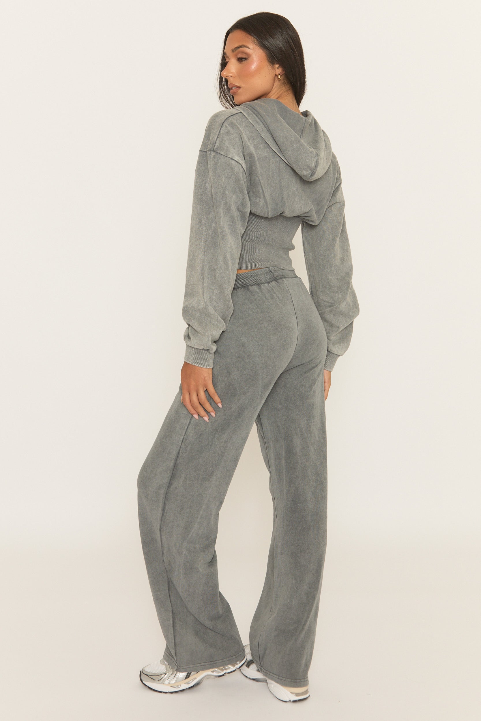 Grey Acid Wash Zip Through Corset Hoodie Loungewear Set - Moara
