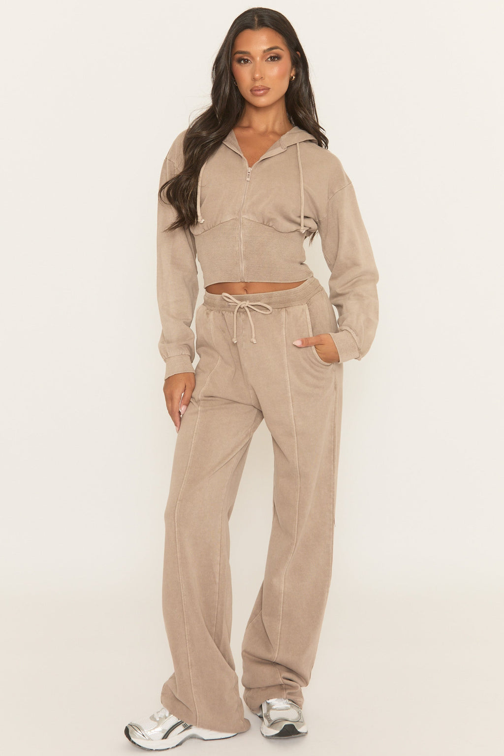 Dove Grey Acid Wash Zip Through Corset Hoodie Loungewear Set - Moara