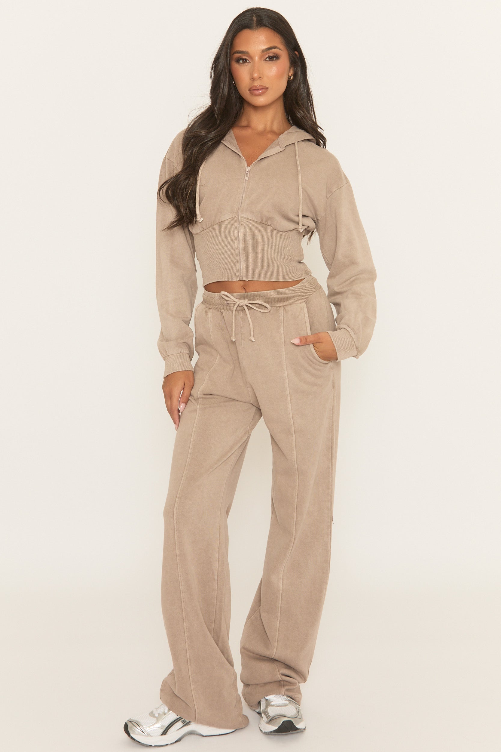 Dove Grey Acid Wash Zip Through Corset Hoodie Loungewear Set - Moara