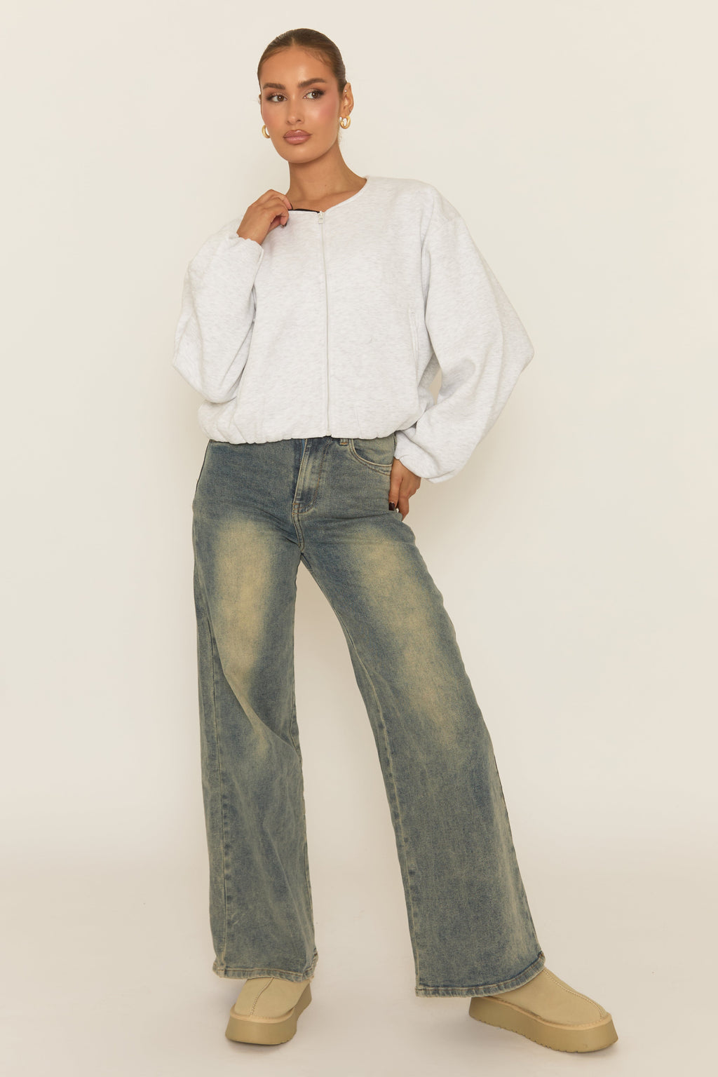 Grey Marl Collarless Lightweight Bomber Jacket - Averil