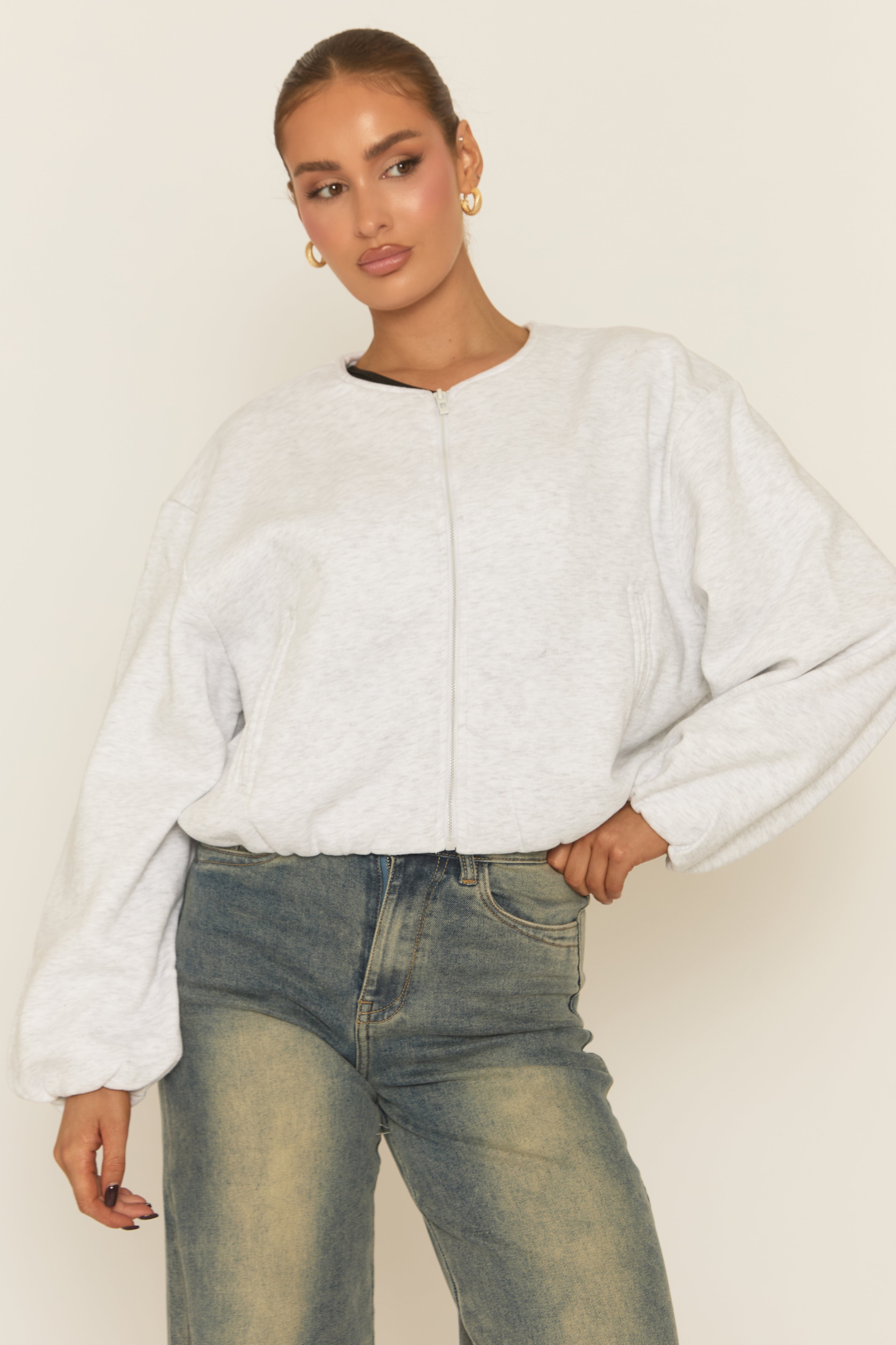 Grey Marl Collarless Lightweight Bomber Jacket - Averil