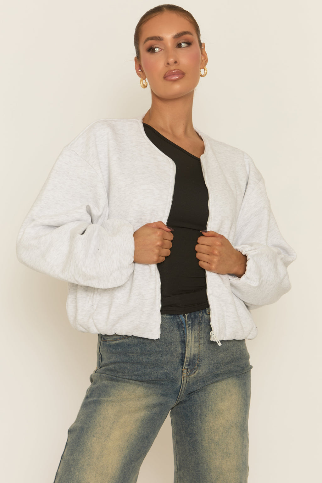 Grey Marl Collarless Lightweight Bomber Jacket - Averil