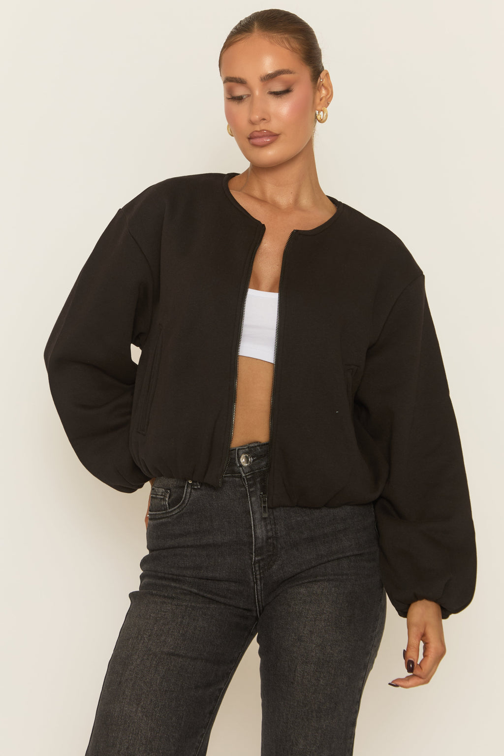 Black Marl Collarless Lightweight Bomber Jacket - Averil
