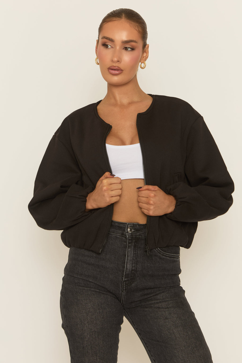 Black Marl Collarless Lightweight Bomber Jacket - Averil