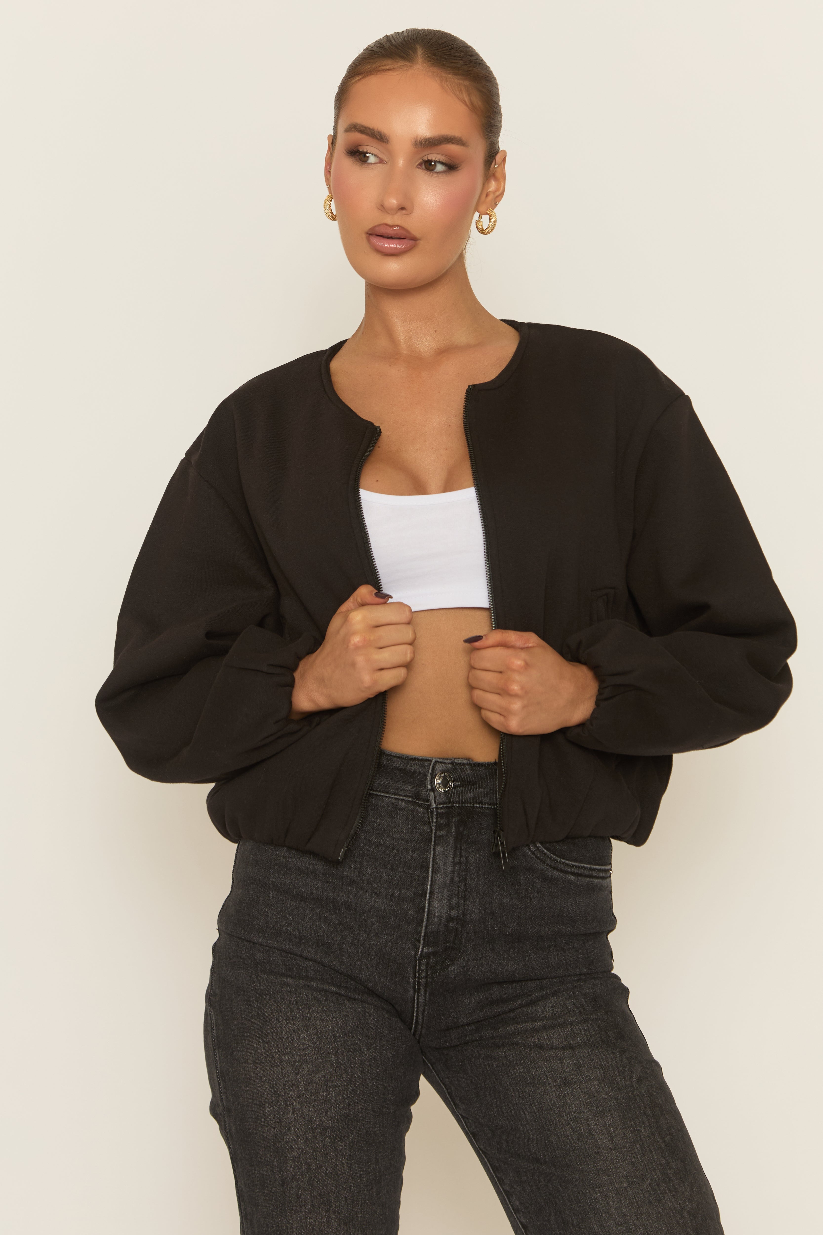Black Marl Collarless Lightweight Bomber Jacket - Averil