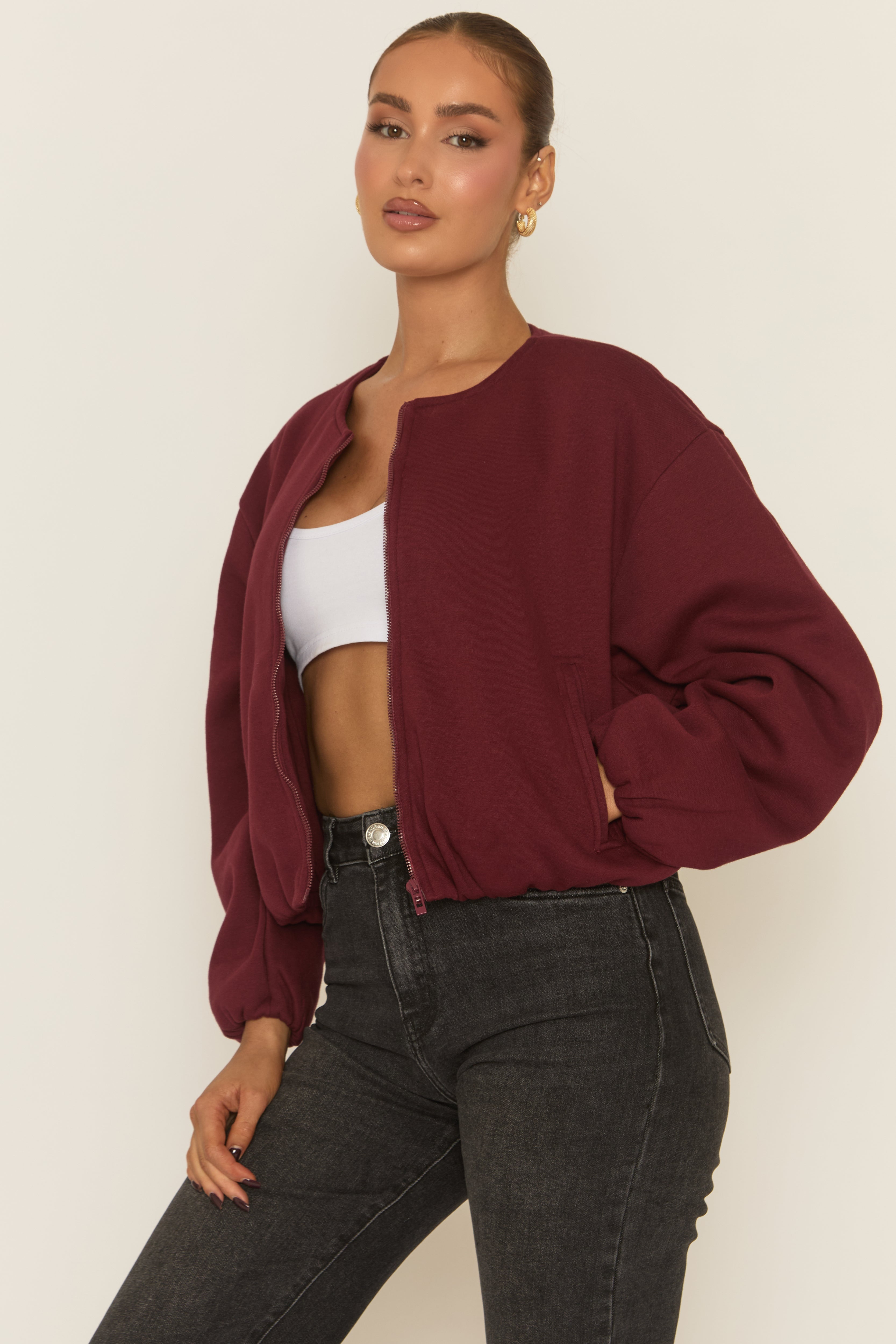 Wine Collarless Lightweight Bomber Jacket - Averil