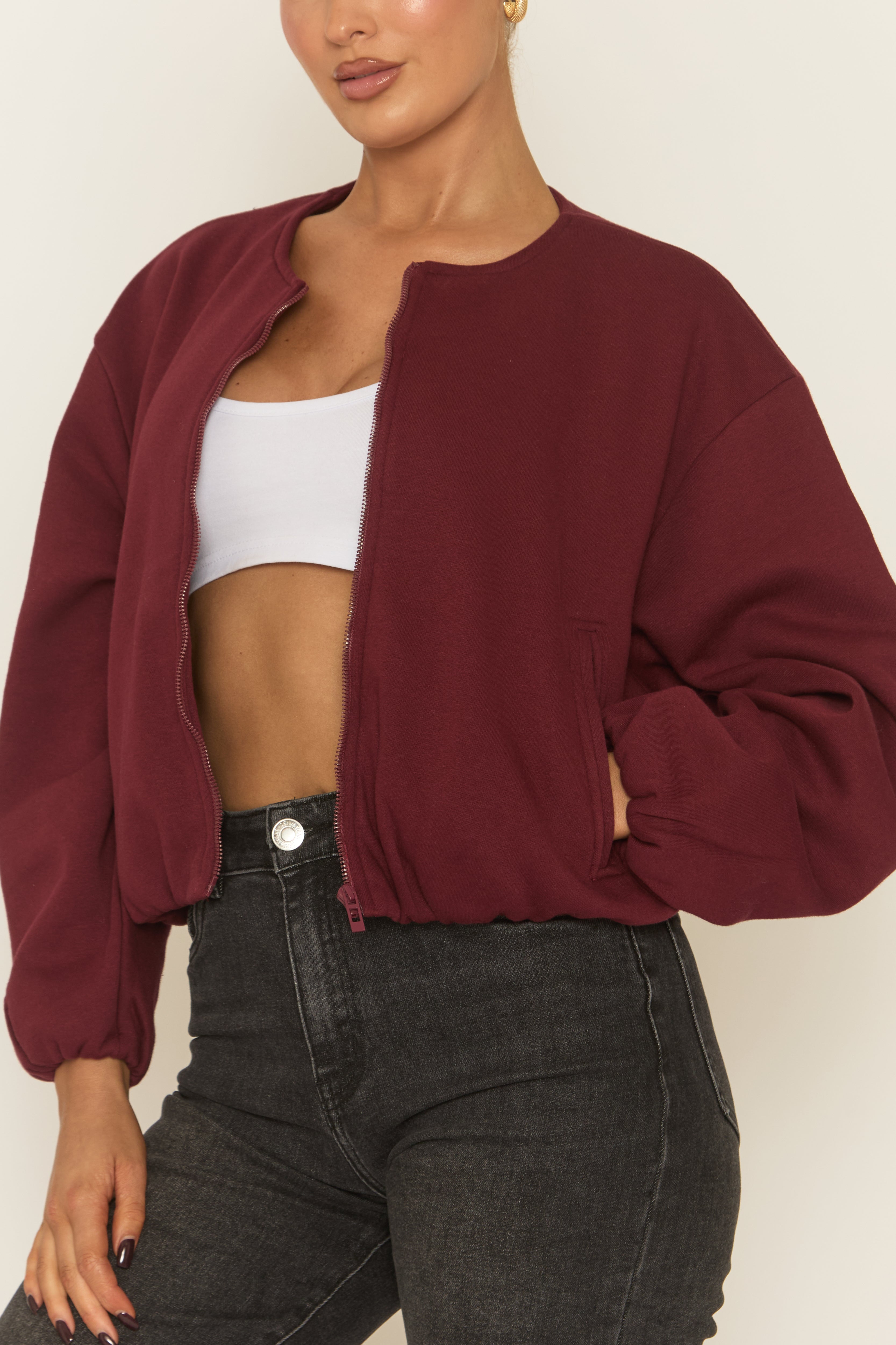 Wine Collarless Lightweight Bomber Jacket - Averil