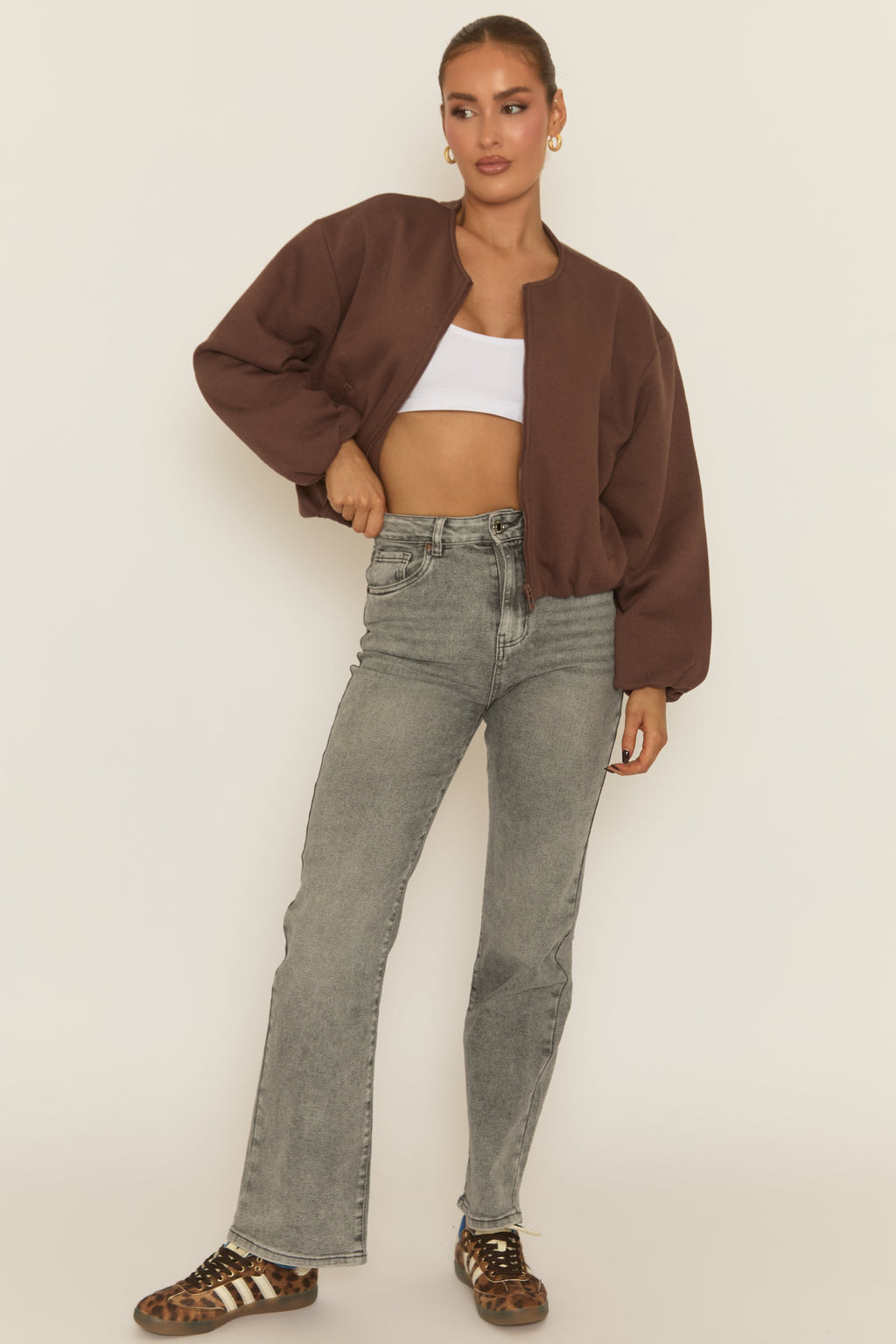Chocolate Collarless Lightweight Bomber Jacket - Averil