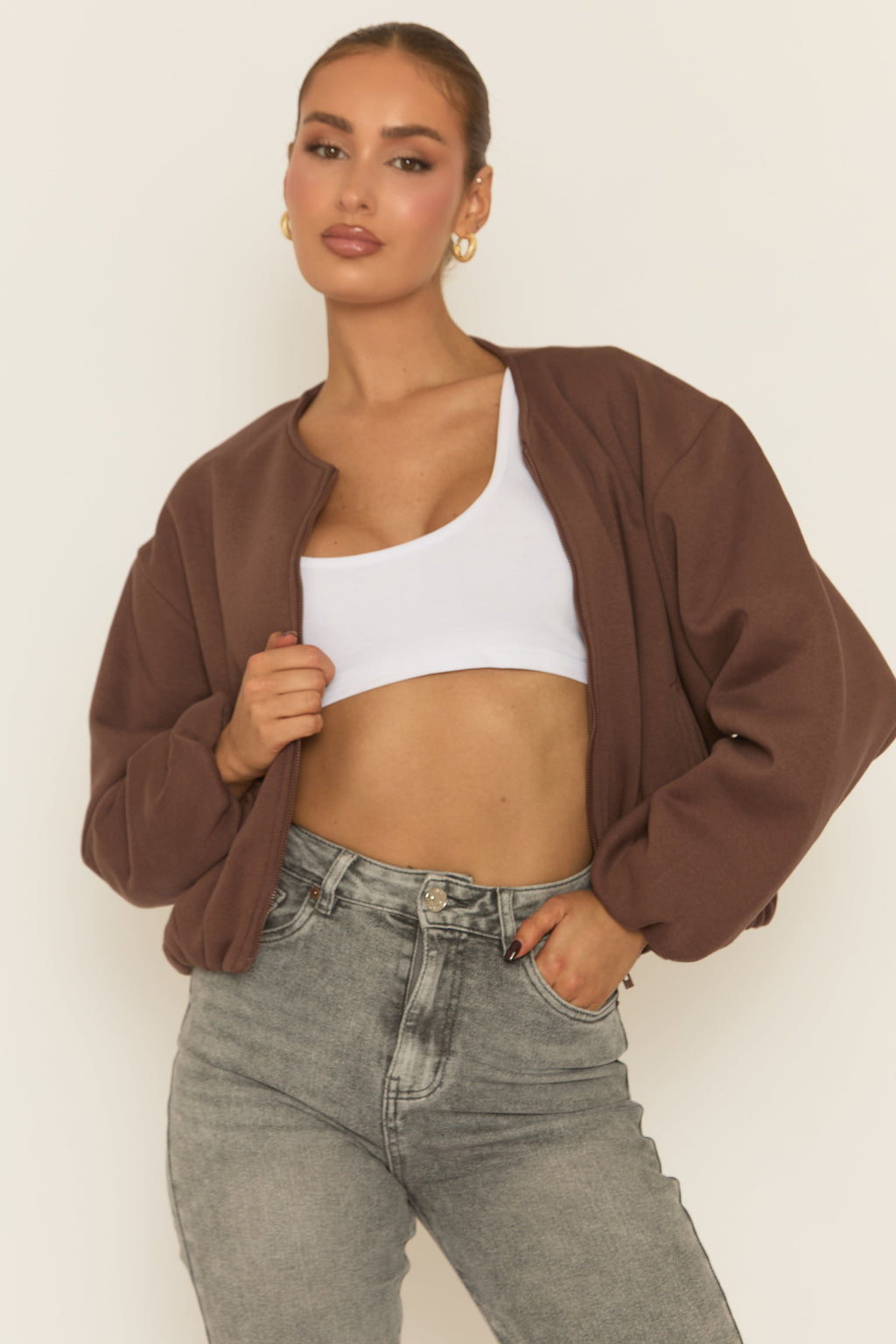 Chocolate Collarless Lightweight Bomber Jacket - Averil