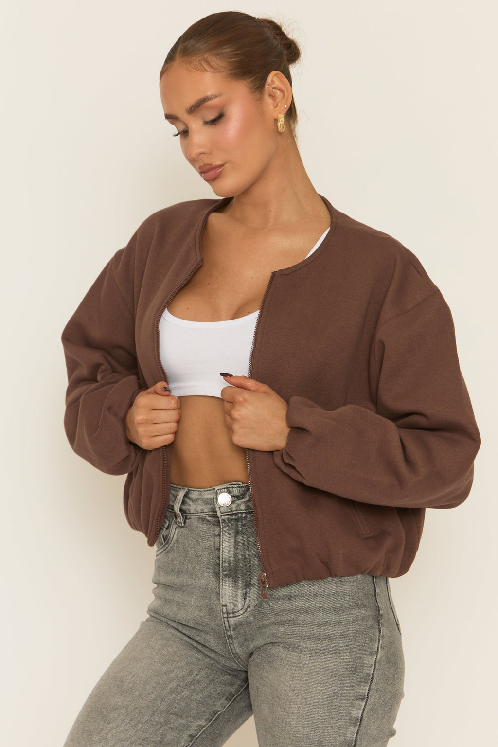 Chocolate Collarless Lightweight Bomber Jacket - Averil
