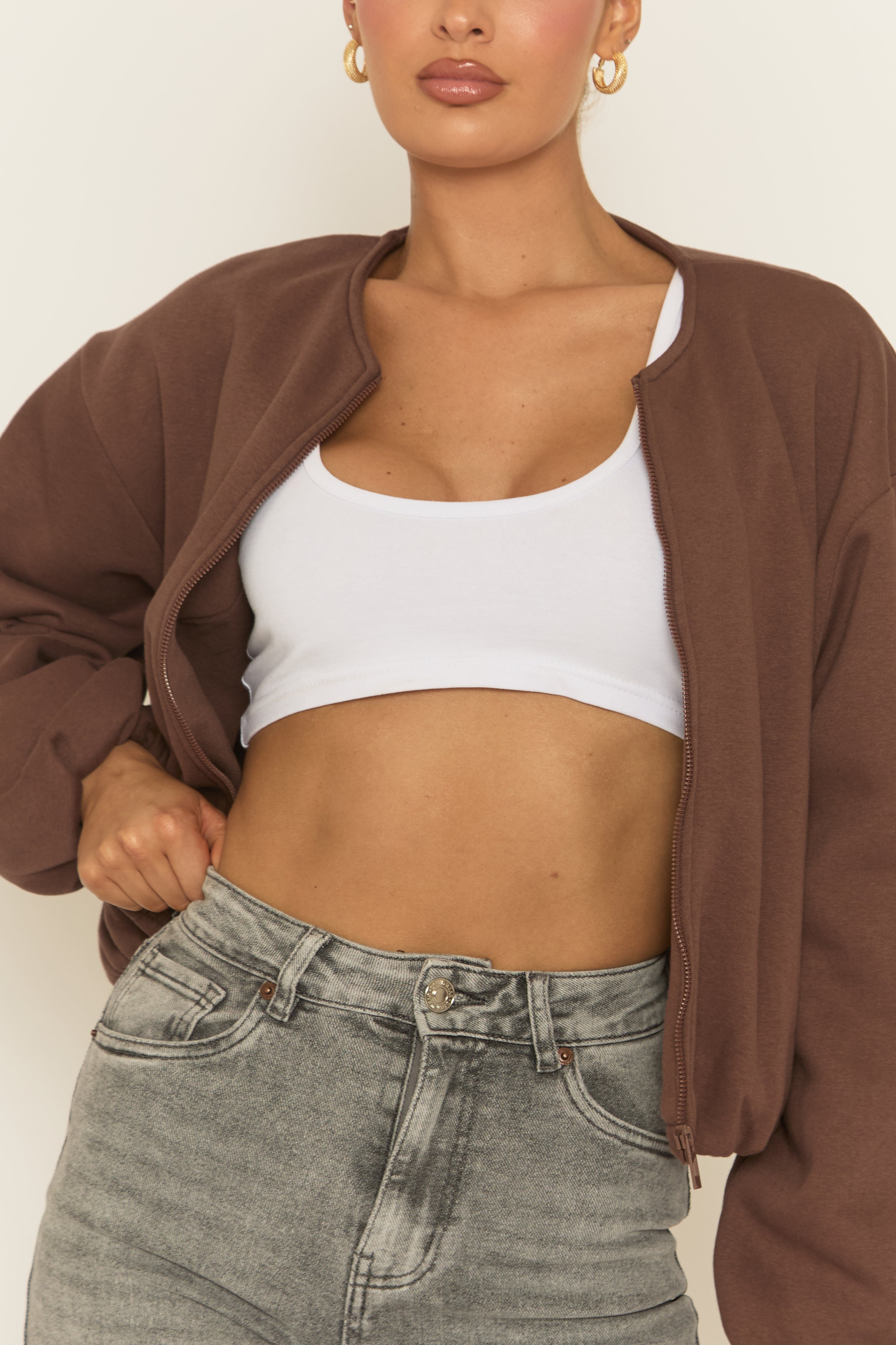 Chocolate Collarless Lightweight Bomber Jacket - Averil