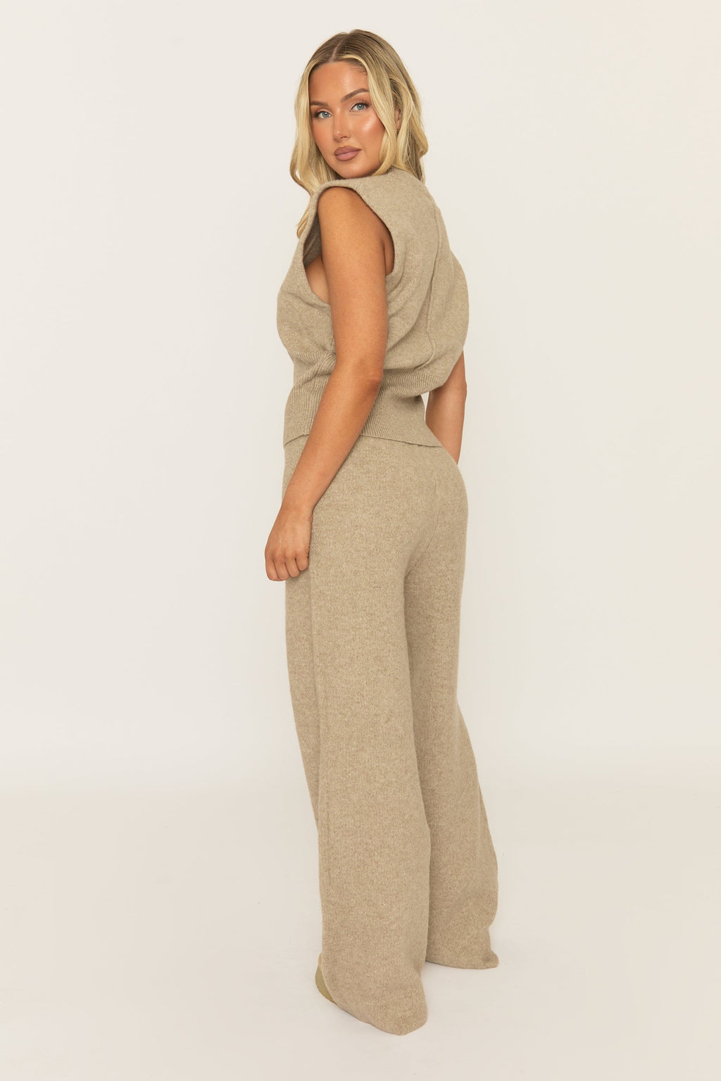 Beige Knitted Vest and Trouser Loungewear Set - Aziel