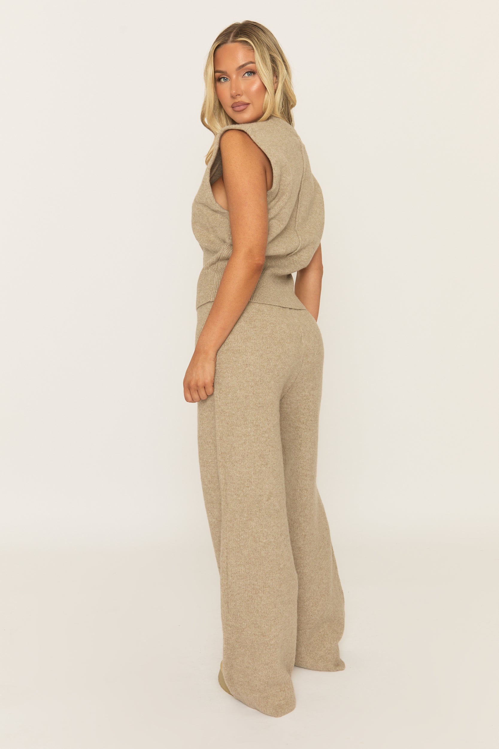 Beige Knitted Vest and Trouser Loungewear Set - Aziel