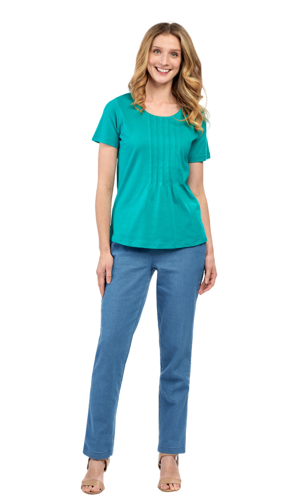 Women's Short Sleeve Cotton Knit T-shirt in Pintuck Style