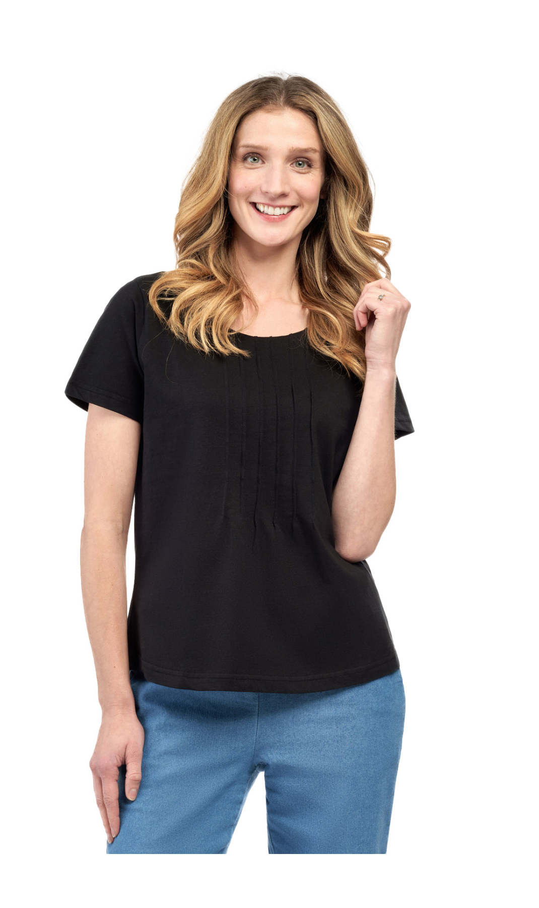 Women's Short Sleeve Cotton Knit T-shirt in Pintuck Style