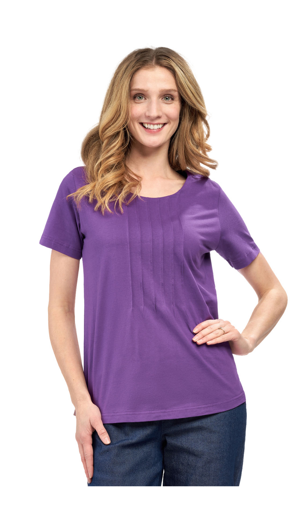 Women's Short Sleeve Cotton Knit T-shirt in Pintuck Style