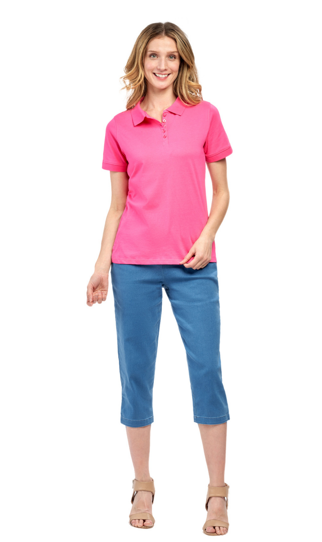 Women's Short Sleeve Pique Knit Polo Shirt in Relaxed Fit Pocketless Jersey