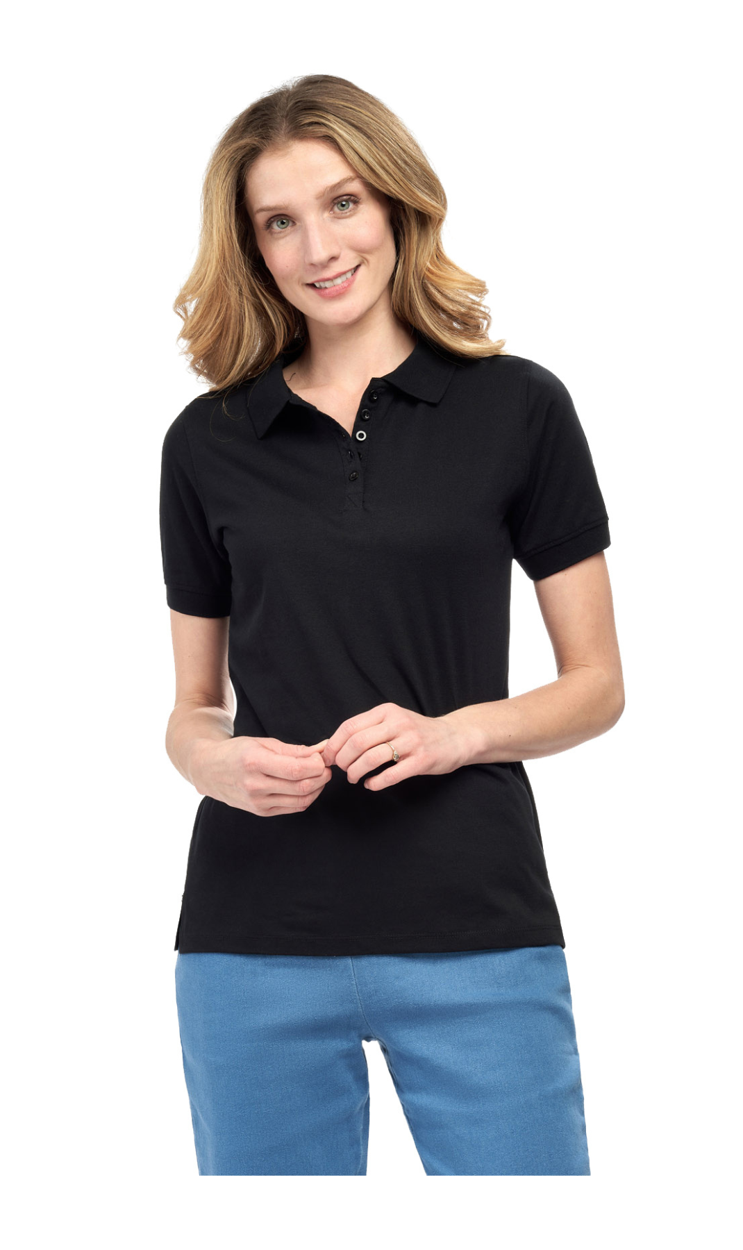 Women's Short Sleeve Pique Knit Polo Shirt in Relaxed Fit Pocketless Jersey