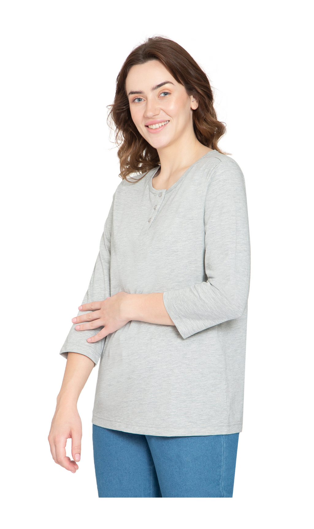Women's 3/4 sleeves Henley in Cotton Blend with Button Placket