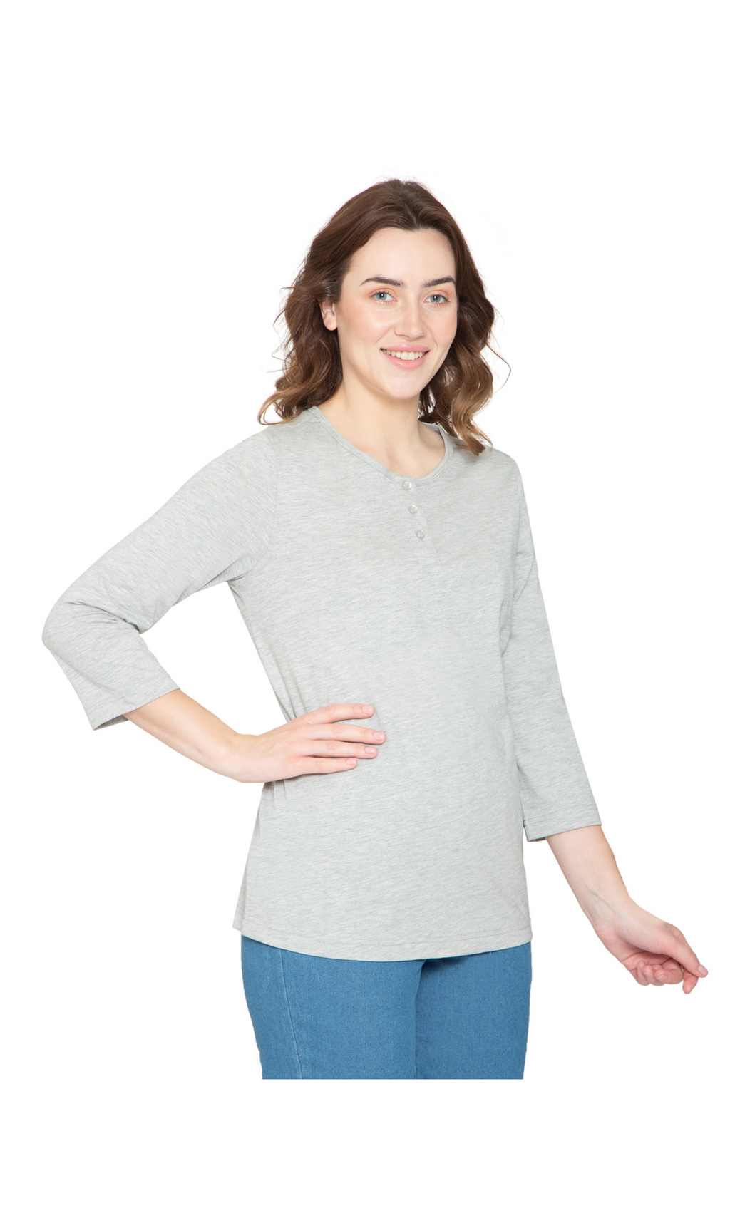 Women's 3/4 sleeves Henley in Cotton Blend with Button Placket