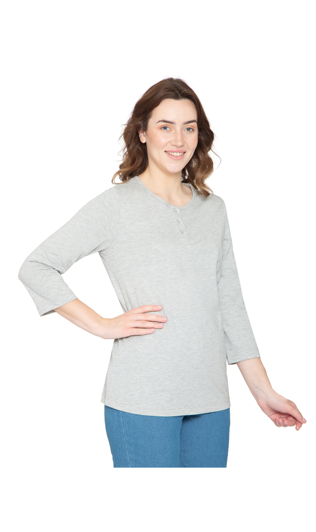 Women's 3/4 sleeves Henley in Cotton Blend with Button Placket