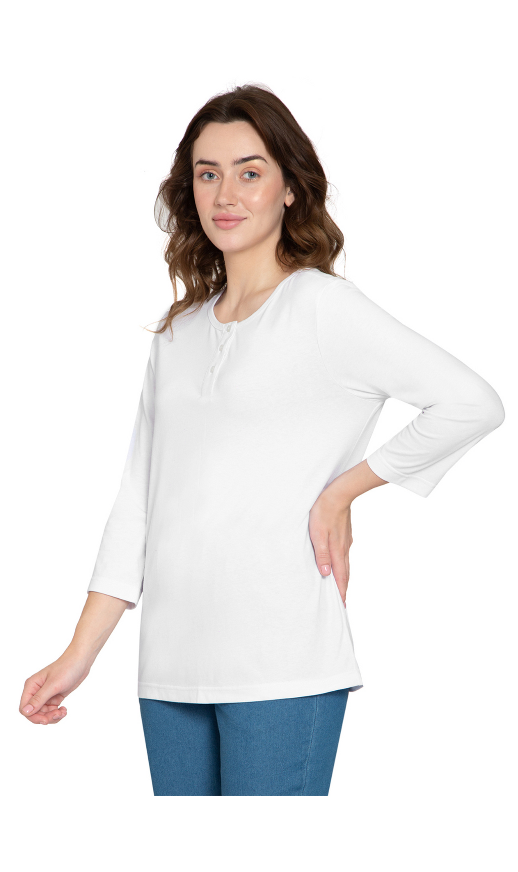Women's 3/4 sleeves Henley in Cotton Blend with Button Placket