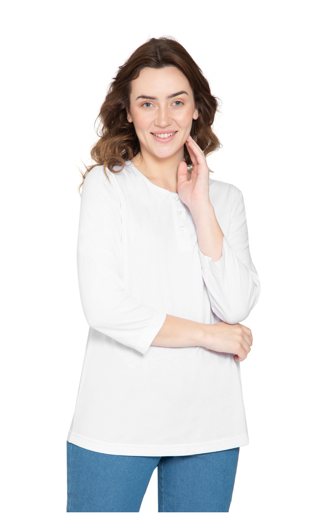 Women's 3/4 sleeves Henley in Cotton Blend with Button Placket