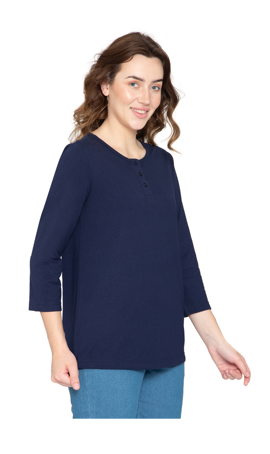 Women's 3/4 sleeves Henley in Cotton Blend with Button Placket