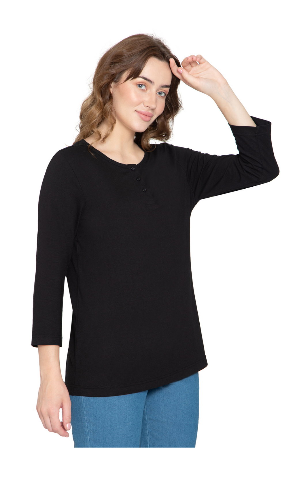 Women's 3/4 sleeves Henley in Cotton Blend with Button Placket