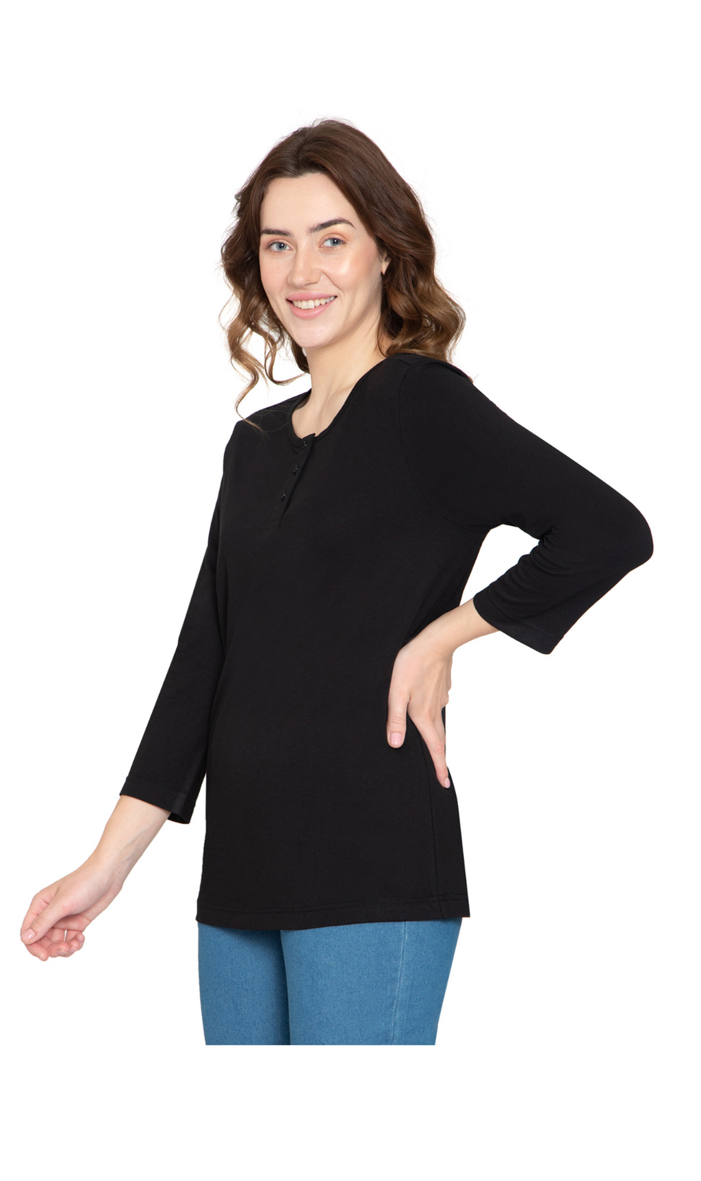 Women's 3/4 sleeves Henley in Cotton Blend with Button Placket