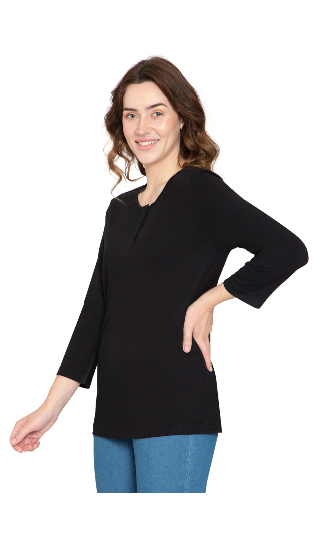 Women's 3/4 sleeves Henley in Cotton Blend with Button Placket