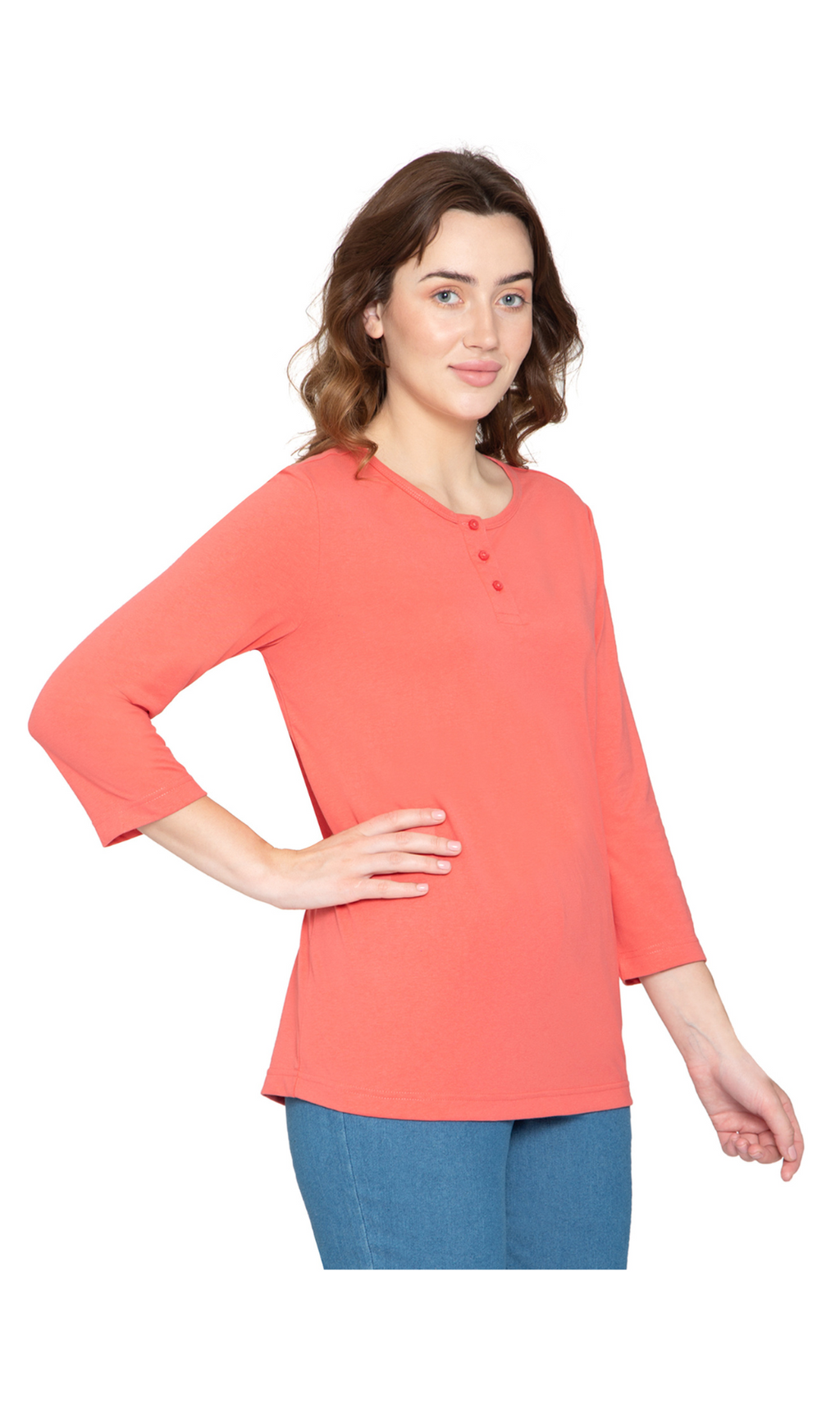 Women's 3/4 sleeves Henley in Cotton Blend with Button Placket
