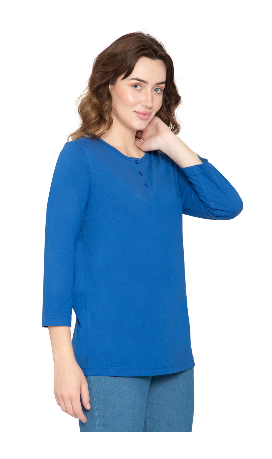 Women's 3/4 sleeves Henley in Cotton Blend with Button Placket