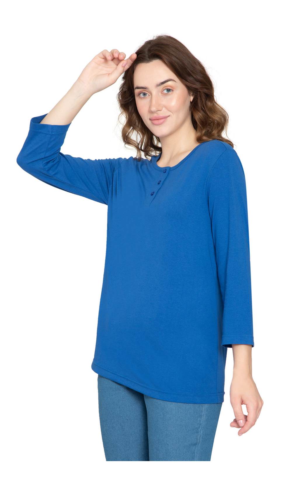 Women's 3/4 sleeves Henley in Cotton Blend with Button Placket