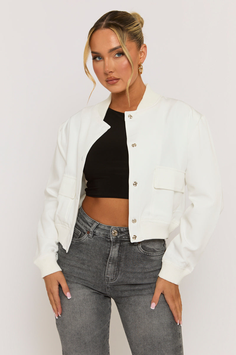 White Pocket Detail Bomber Jacket - Estelle