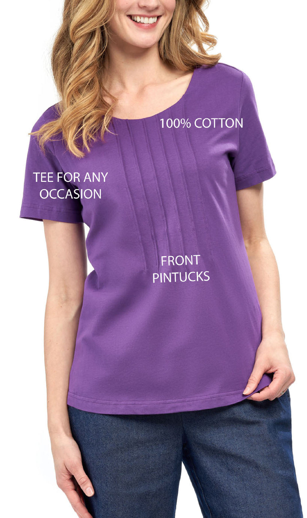 Women's Short Sleeve Cotton Knit T-shirt in Pintuck Style