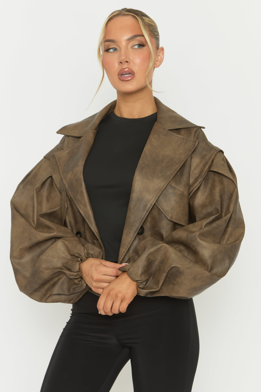 Brown Vintage Faux Leather Double Breasted Cropped Trench Coat - Kylea