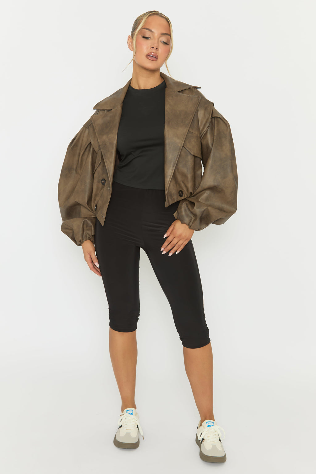 Brown Vintage Faux Leather Double Breasted Cropped Trench Coat - Kylea