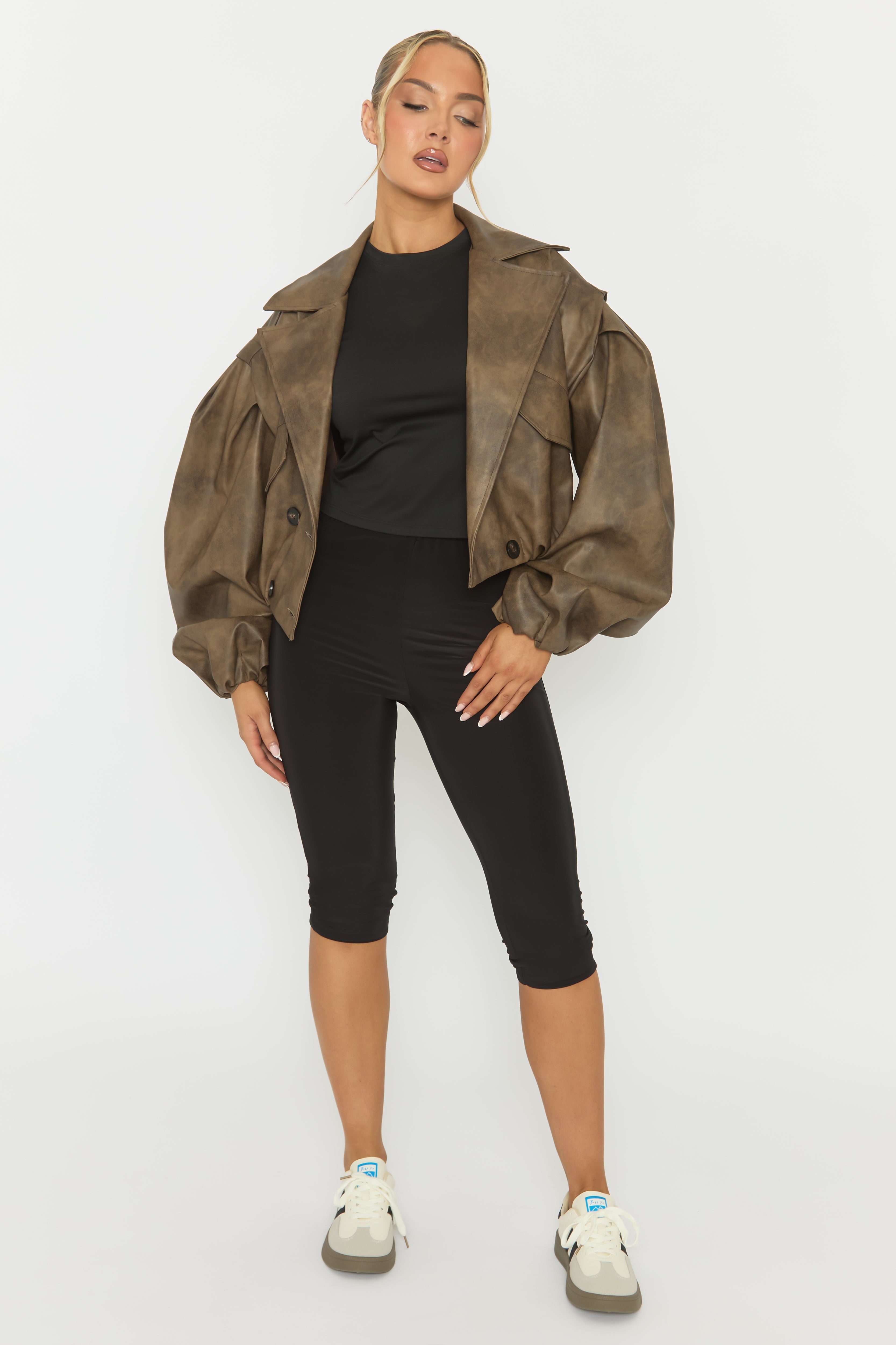 Brown Vintage Faux Leather Double Breasted Cropped Trench Coat - Kylea