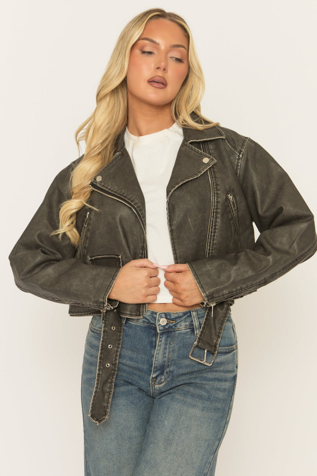Black Vintage Washed PU Cropped Biker Jacket - Josia